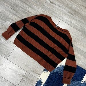 French Connection Black and Brown Striped Crewneck Sweater